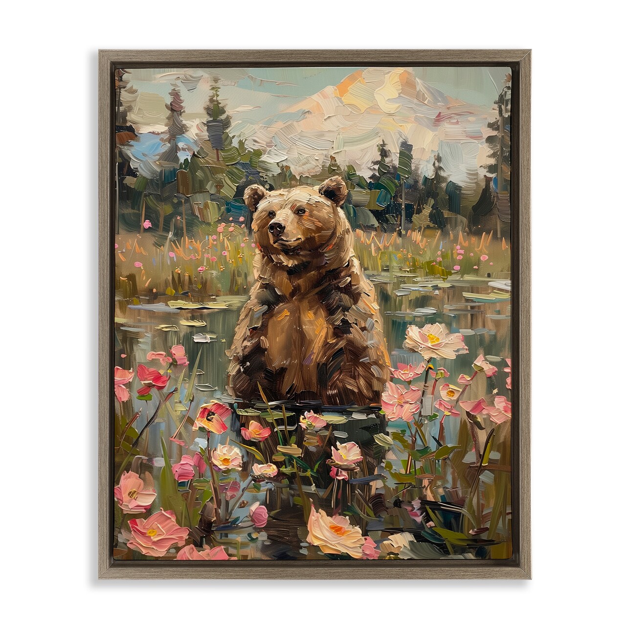 Stupell Industries Bear in Floral Pond Floater Framed Canvas Wall Art Design by Arlington Prints